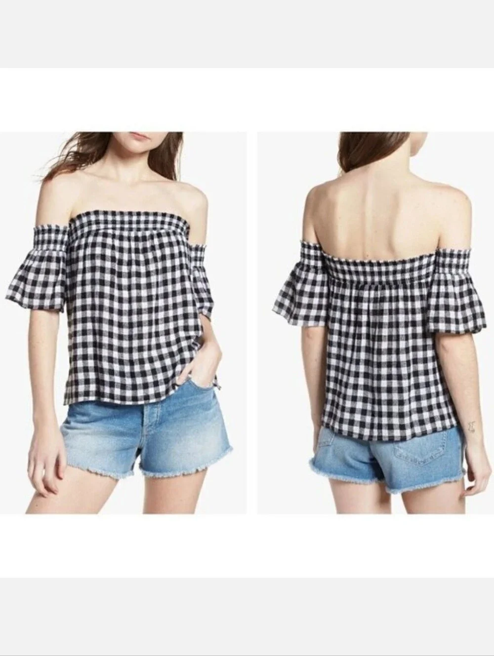 Rails Isabelle Gingham Off The Shoulder Top Black Women's Size M NEW Preppy